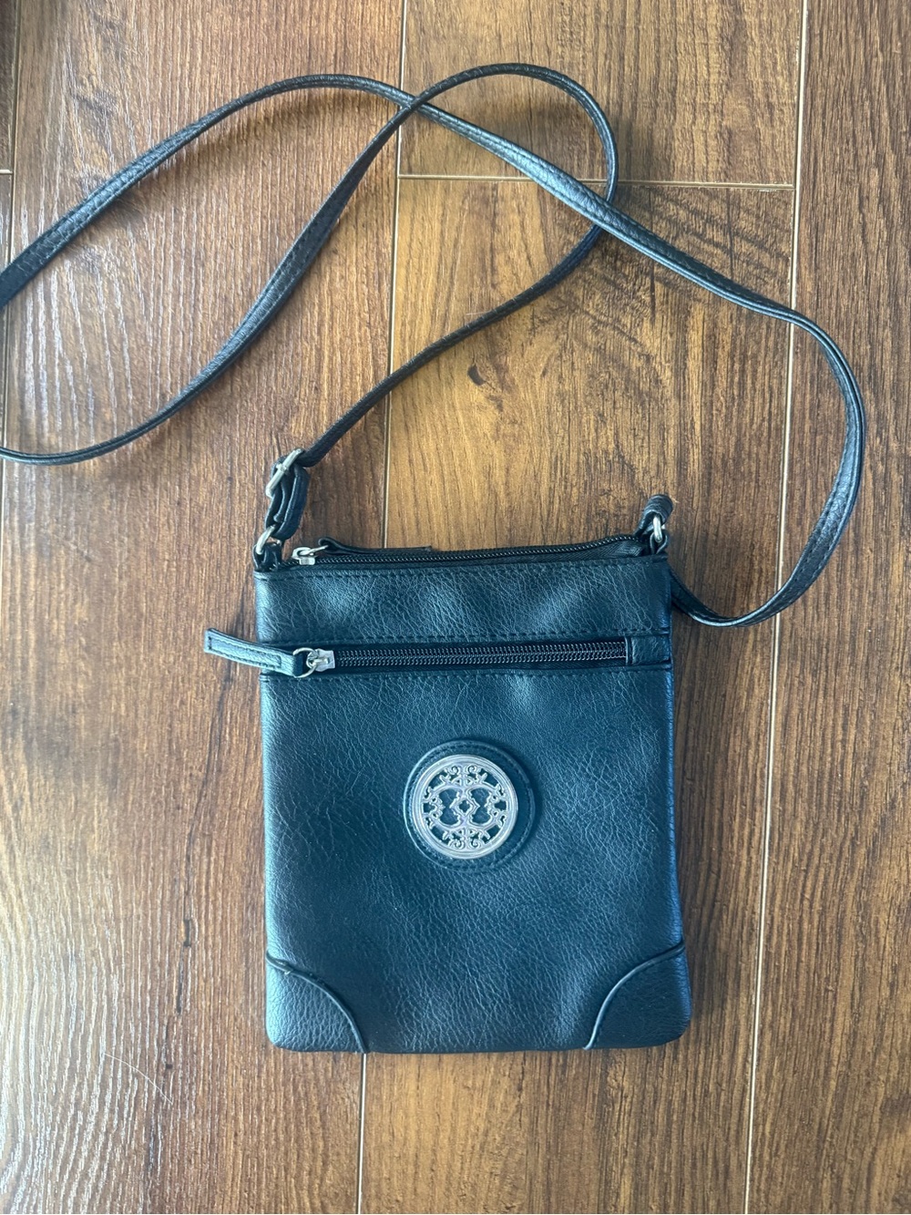 Black Leather Crossbody Phone Bag with Logo Medallion